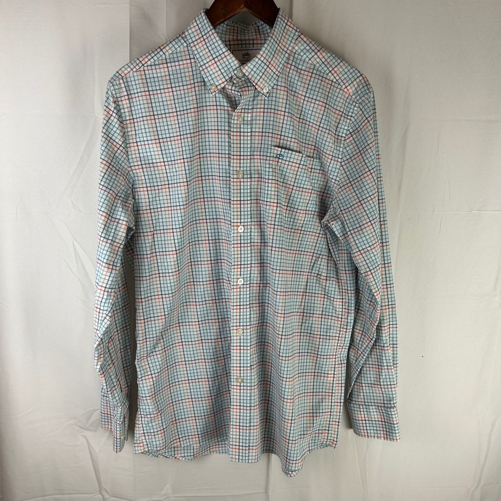 Southern Tide Intercoastal Shirt Mens Medium Blue Orange Plaid Performance‎ 9136